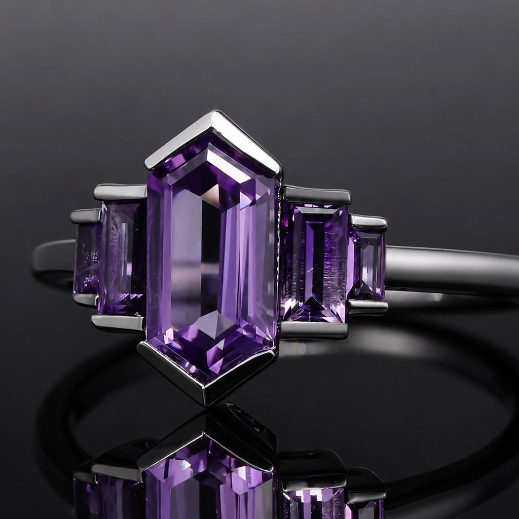Art Deco Long Hexagon Cut Amethyst Baguette Accented Ring