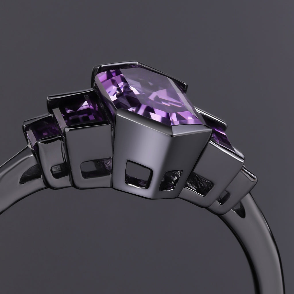Art Deco Long Hexagon Cut Amethyst Baguette Accented Ring