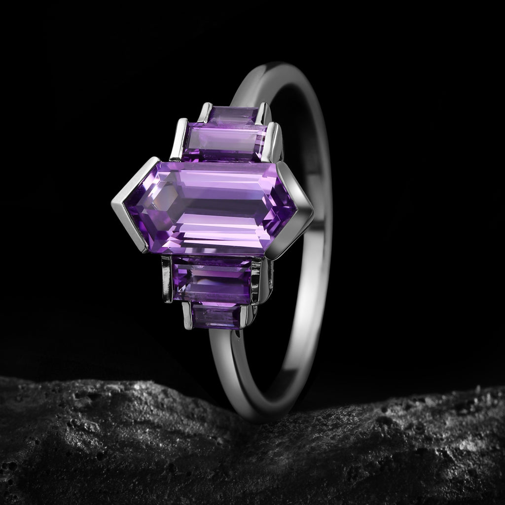 Art Deco Long Hexagon Cut Amethyst Baguette Accented Ring