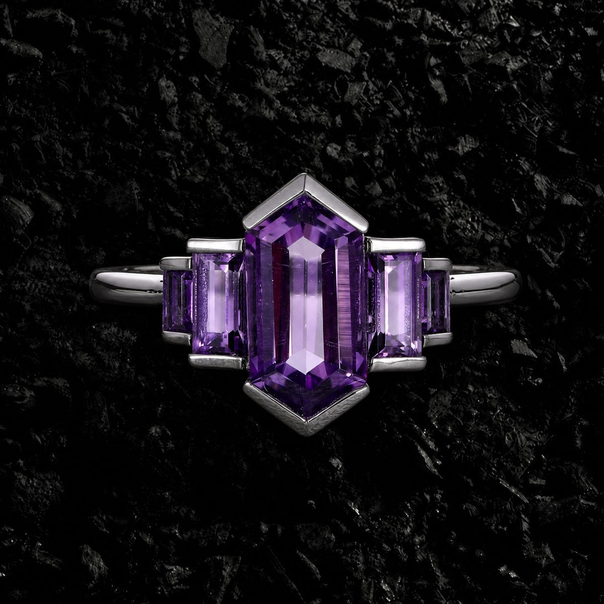 Art Deco Long Hexagon Cut Amethyst Baguette Accented Ring