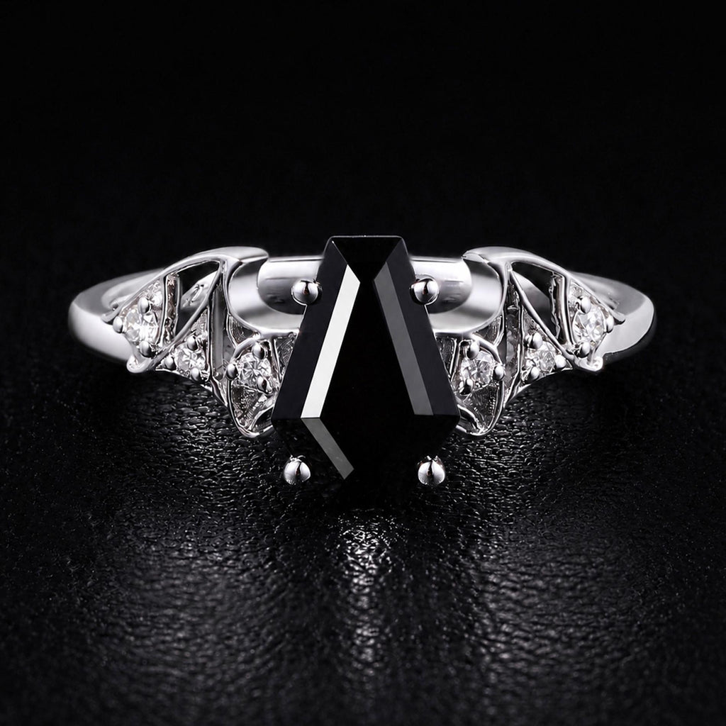 Coffin Cut Black Diamond Bat Wing Gothic Ring With Lab Diamond Accent
