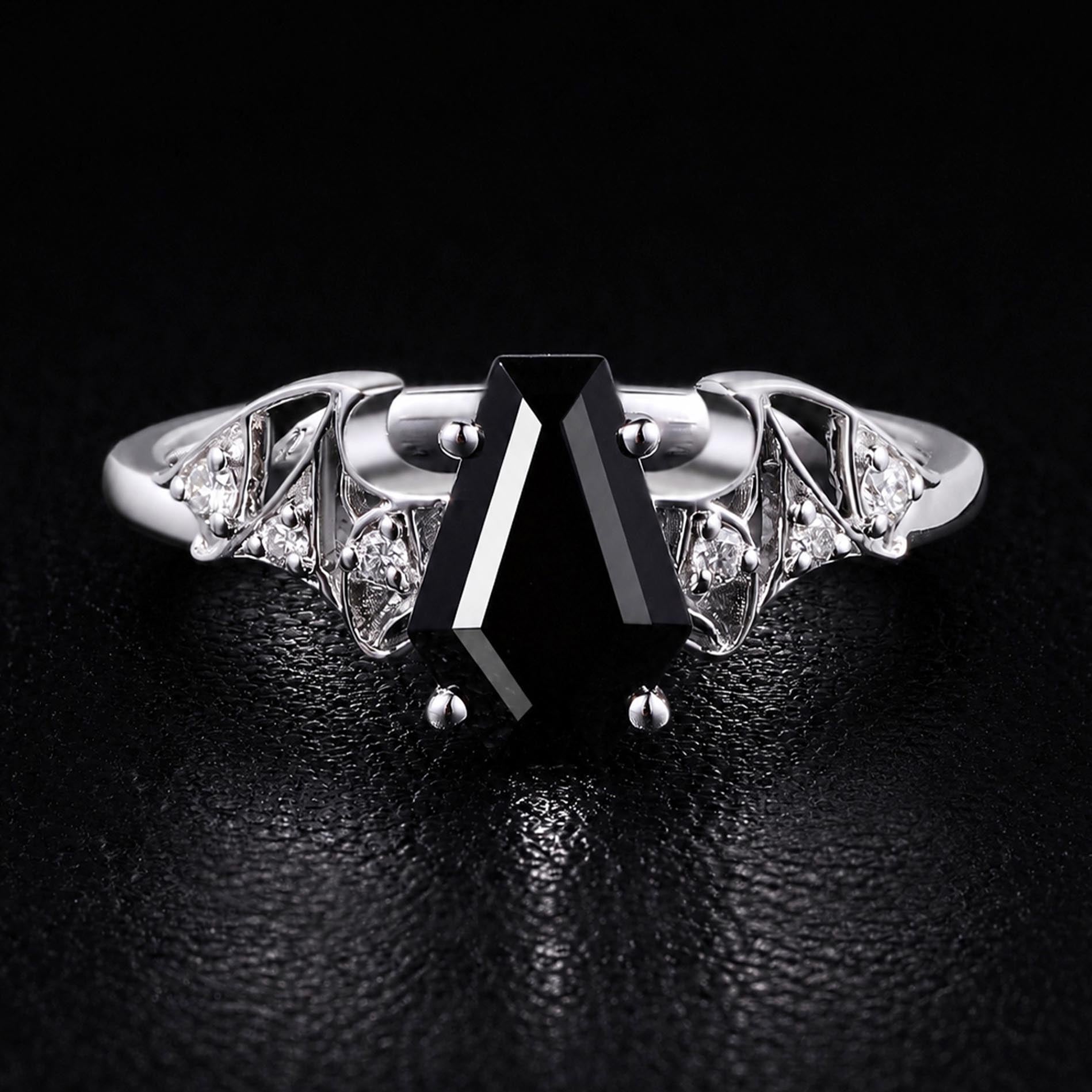 Coffin Cut Black Diamond Bat Wing Gothic Ring With Lab Diamond Accent