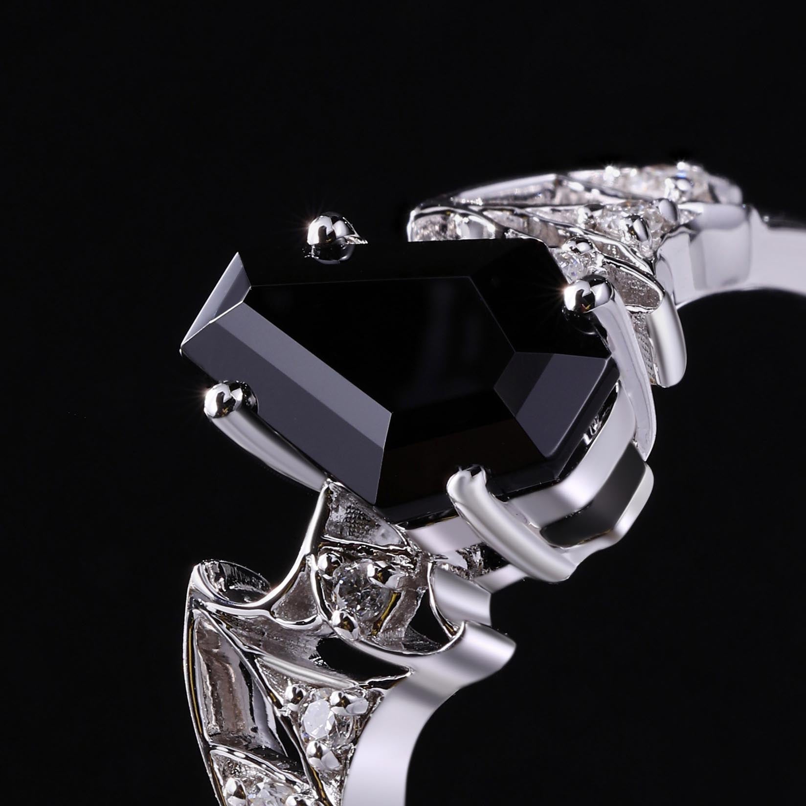 Coffin Cut Black Diamond Bat Wing Gothic Ring With Lab Diamond Accent