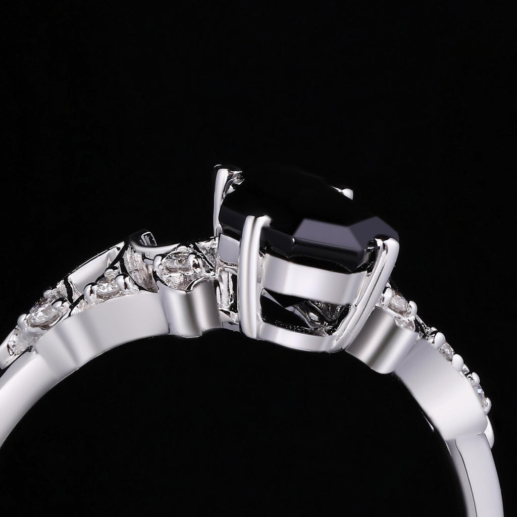 Coffin Cut Black Diamond Bat Wing Gothic Ring With Lab Diamond Accent