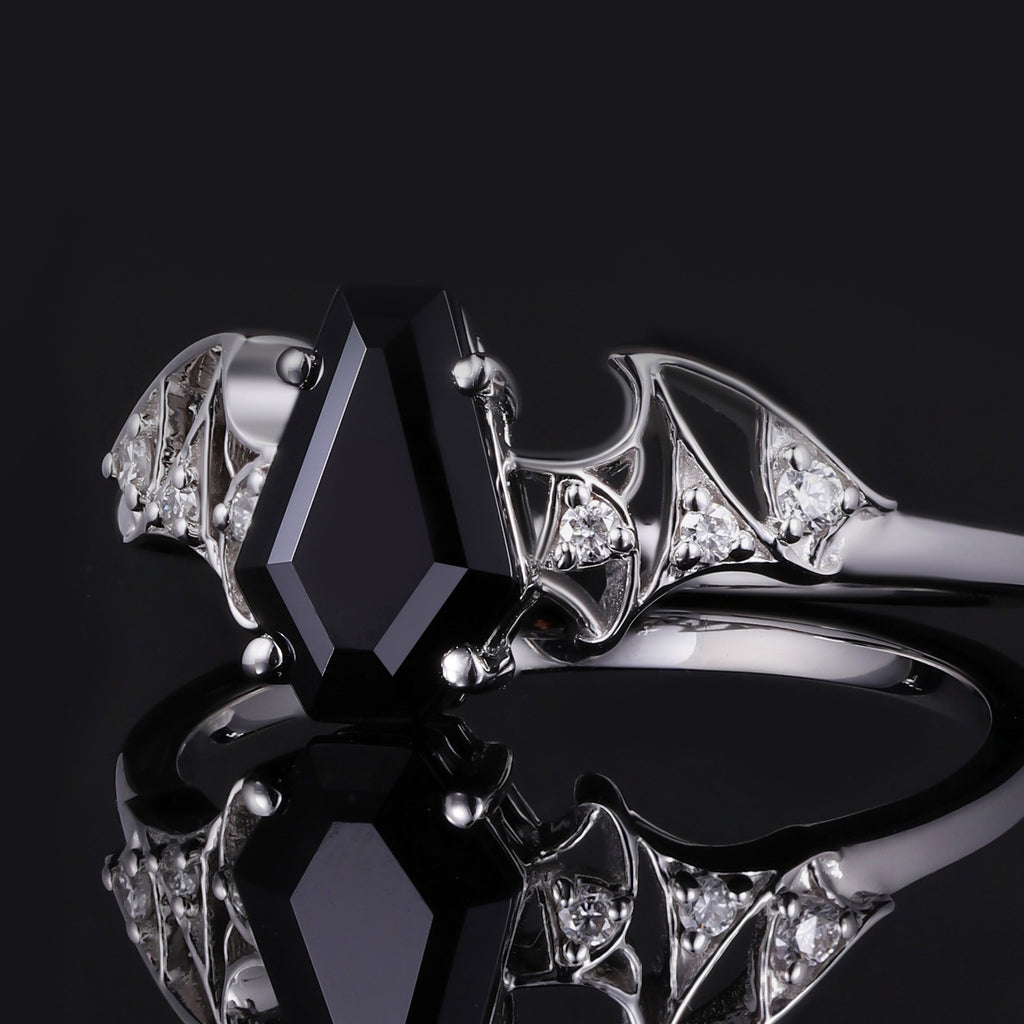 Coffin Cut Black Diamond Bat Wing Gothic Ring With Lab Diamond Accent