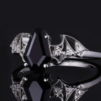 Coffin Cut Black Diamond Bat Wing Gothic Ring With Lab Diamond Accent