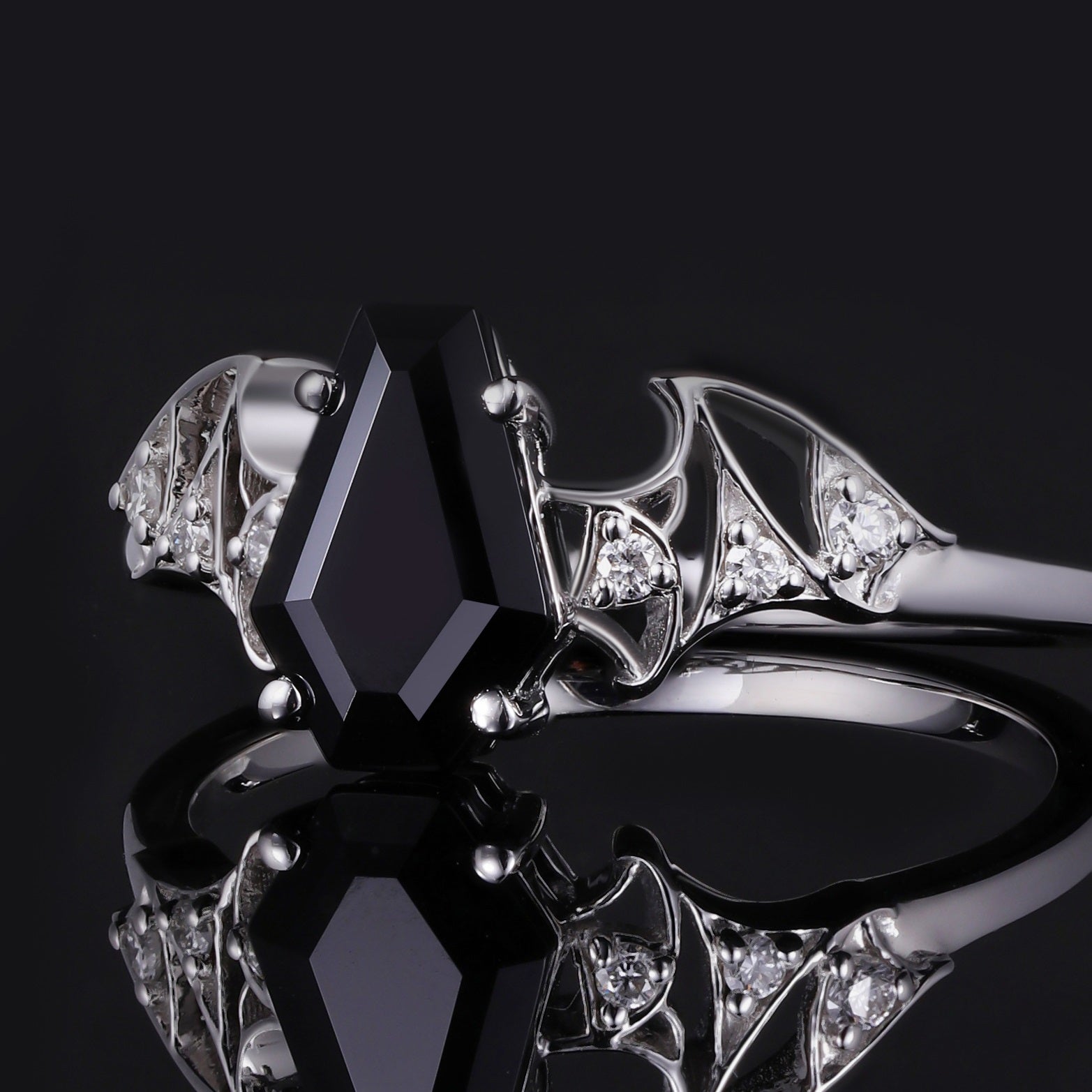 Coffin Cut Black Diamond Bat Wing Gothic Ring With Lab Diamond Accent