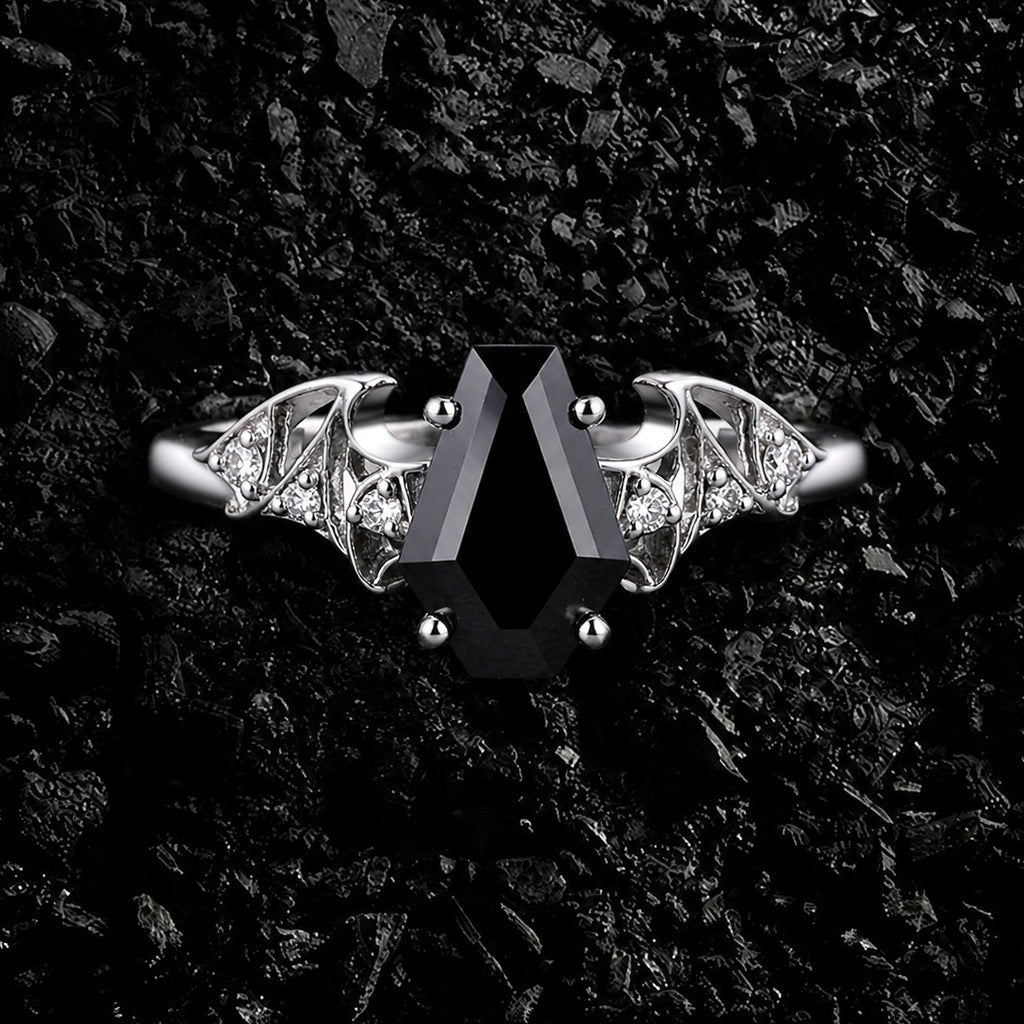 Coffin Cut Black Diamond Bat Wing Gothic Ring With Lab Diamond Accent