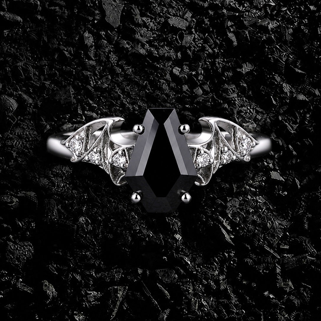 Coffin Cut Black Diamond Bat Wing Gothic Ring With Lab Diamond Accent