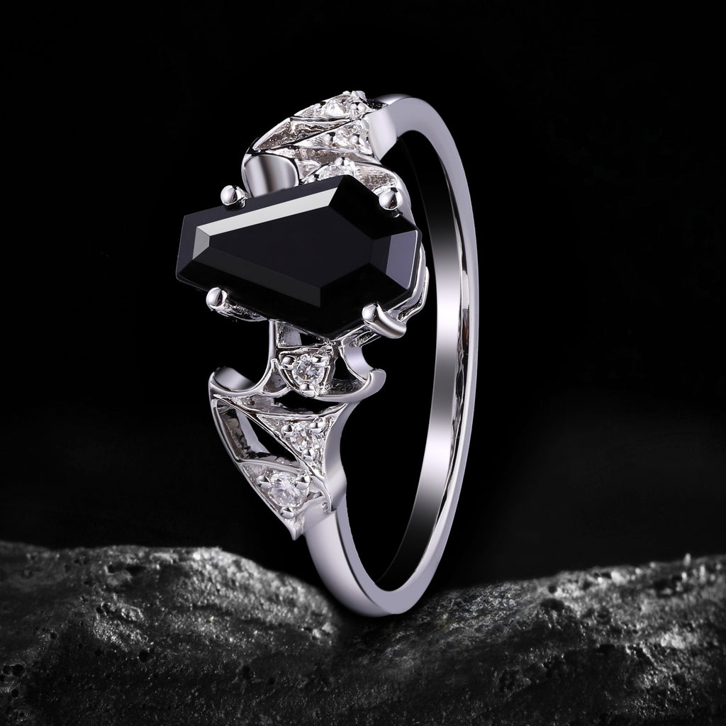 Coffin Cut Black Diamond Bat Wing Gothic Ring With Lab Diamond Accent