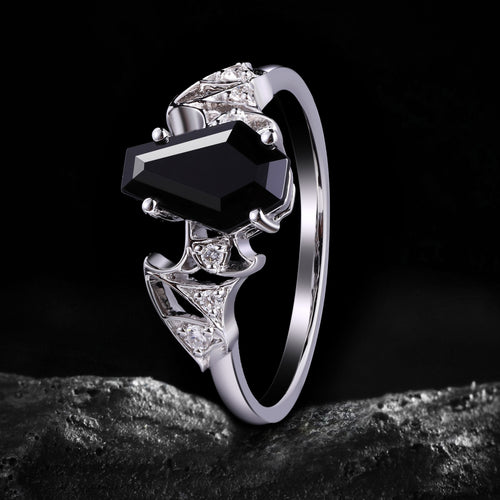 Coffin Cut Black Diamond Bat Wing Gothic Ring With Lab Diamond Accent