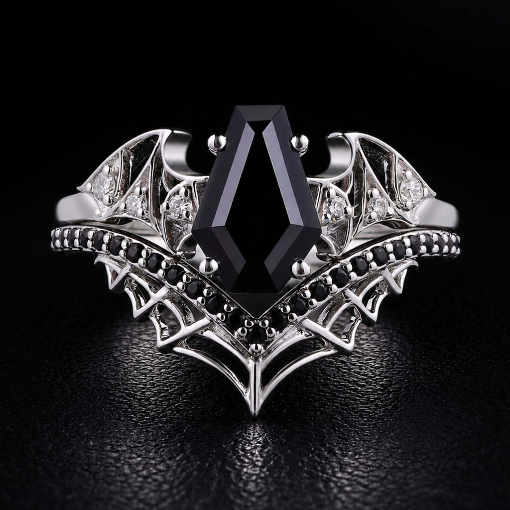 Coffin Cut Black Diamond Bat Wing Spiderweb Ring Set Gothic Pavé Engagement Ring Stack