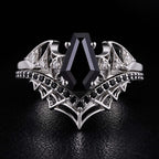 Coffin Cut Black Diamond Bat Wing Spiderweb Ring Set Gothic Pavé Engagement Ring Stack