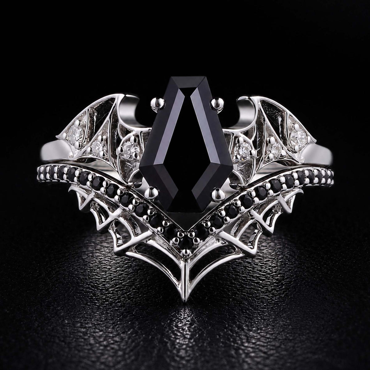 Coffin Cut Black Diamond Bat Wing Spiderweb Ring Set Gothic Pavé Engagement Ring Stack