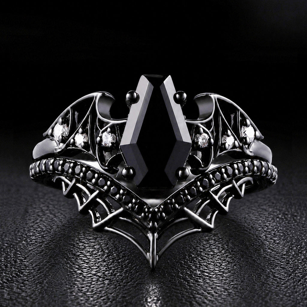 Coffin Cut Black Diamond Bat Wing Spiderweb Ring Set Gothic Pavé Engagement Ring Stack
