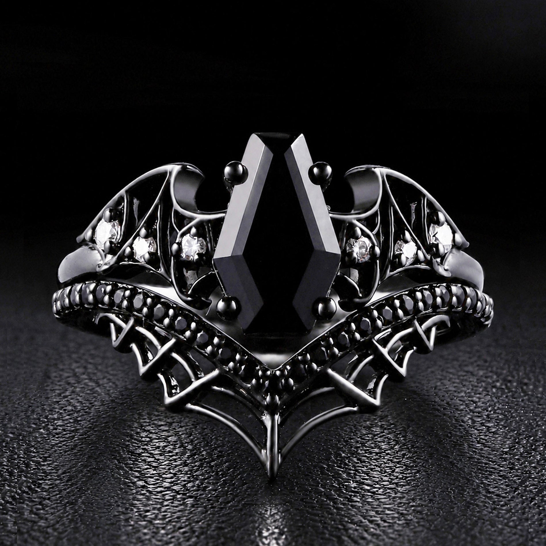 Coffin Cut Black Diamond Bat Wing Spiderweb Ring Set Gothic Pavé Engagement Ring Stack