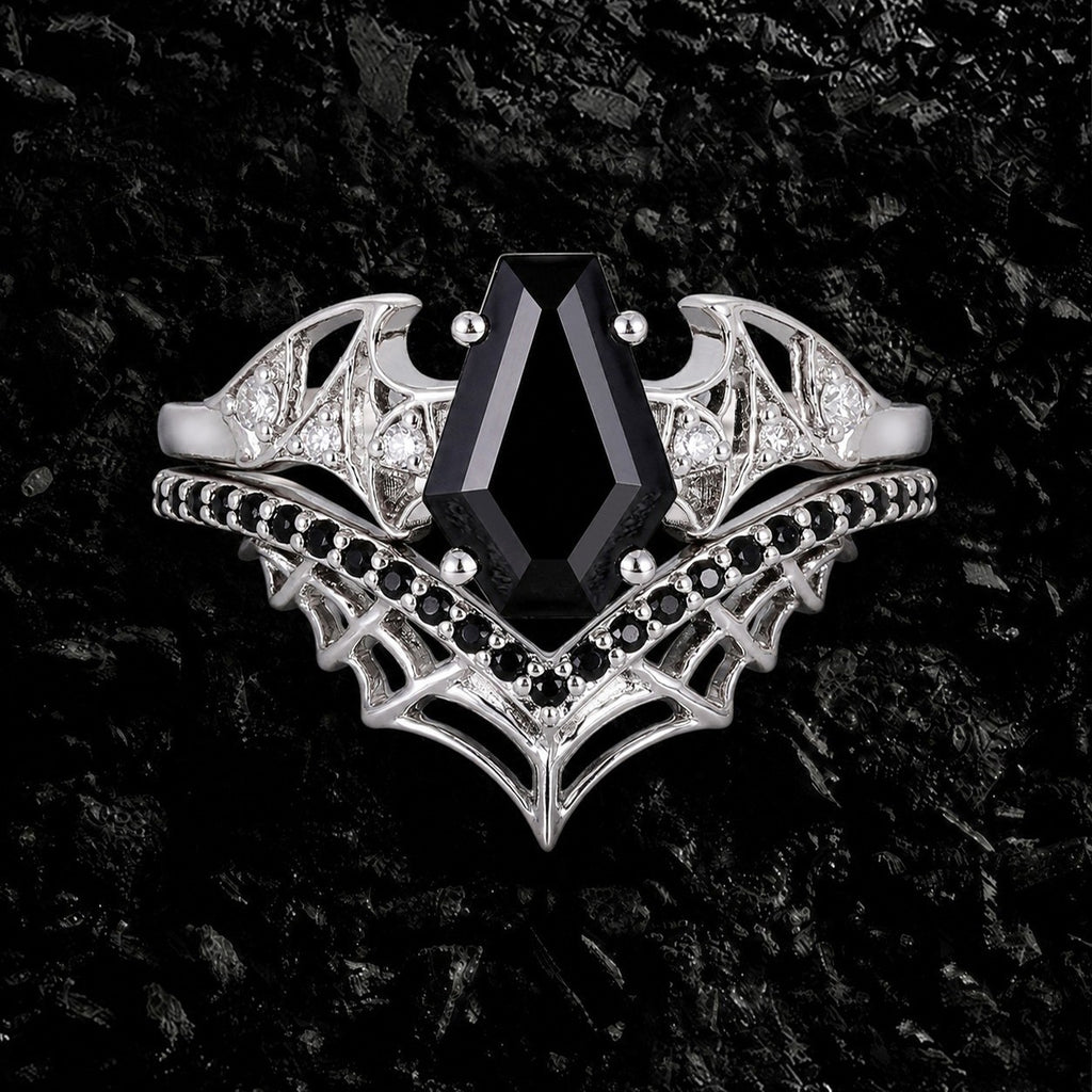 Coffin Cut Black Diamond Bat Wing Spiderweb Ring Set Gothic Pavé Engagement Ring Stack