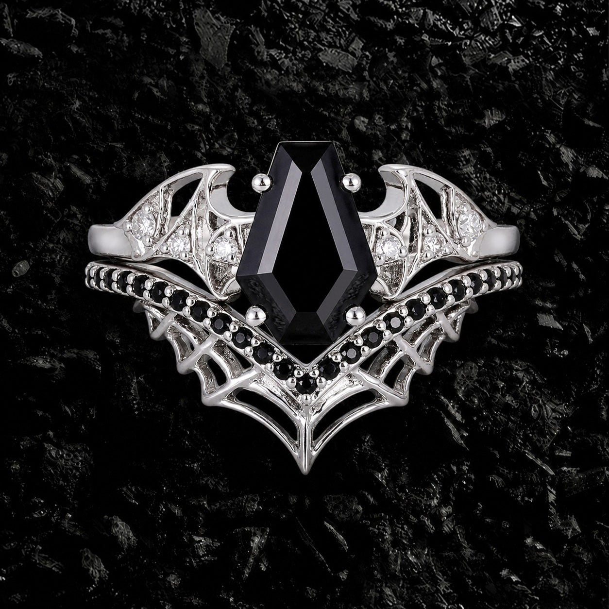 Coffin Cut Black Diamond Bat Wing Spiderweb Ring Set Gothic Pavé Engagement Ring Stack