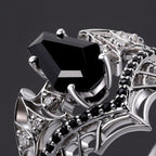 Coffin Cut Black Diamond Bat Wing Spiderweb Ring Set Gothic Pavé Engagement Ring Stack