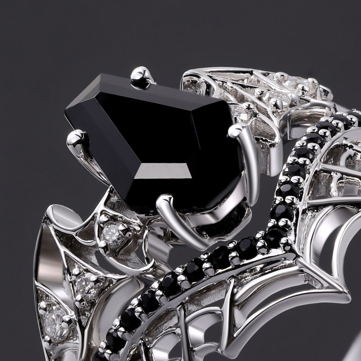 Coffin Cut Black Diamond Bat Wing Spiderweb Ring Set Gothic Pavé Engagement Ring Stack
