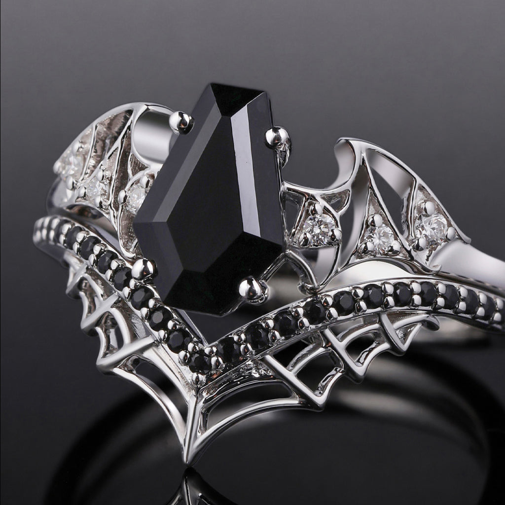 Coffin Cut Black Diamond Bat Wing Spiderweb Ring Set Gothic Pavé Engagement Ring Stack