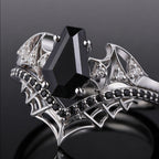 Coffin Cut Black Diamond Bat Wing Spiderweb Ring Set Gothic Pavé Engagement Ring Stack