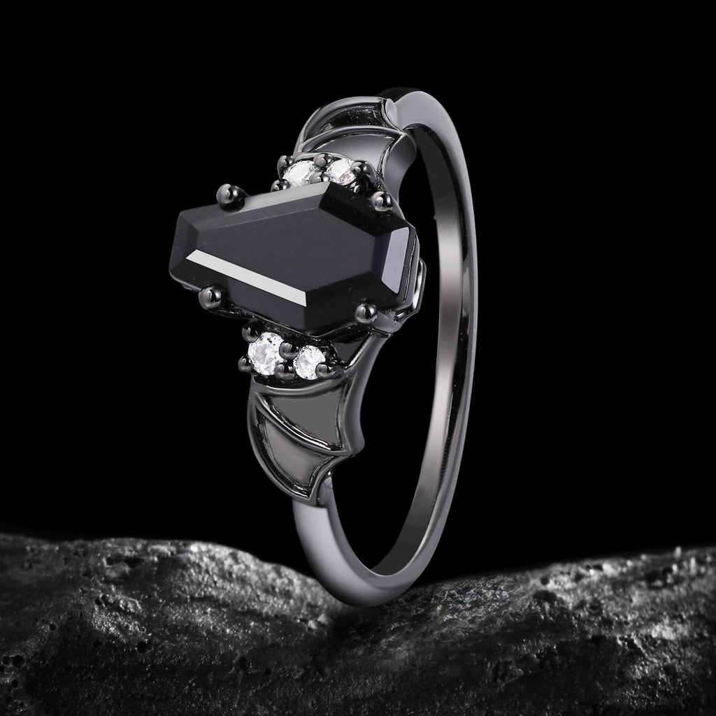 Coffin Cut Black Diamond Bat Wings Gothic Ring