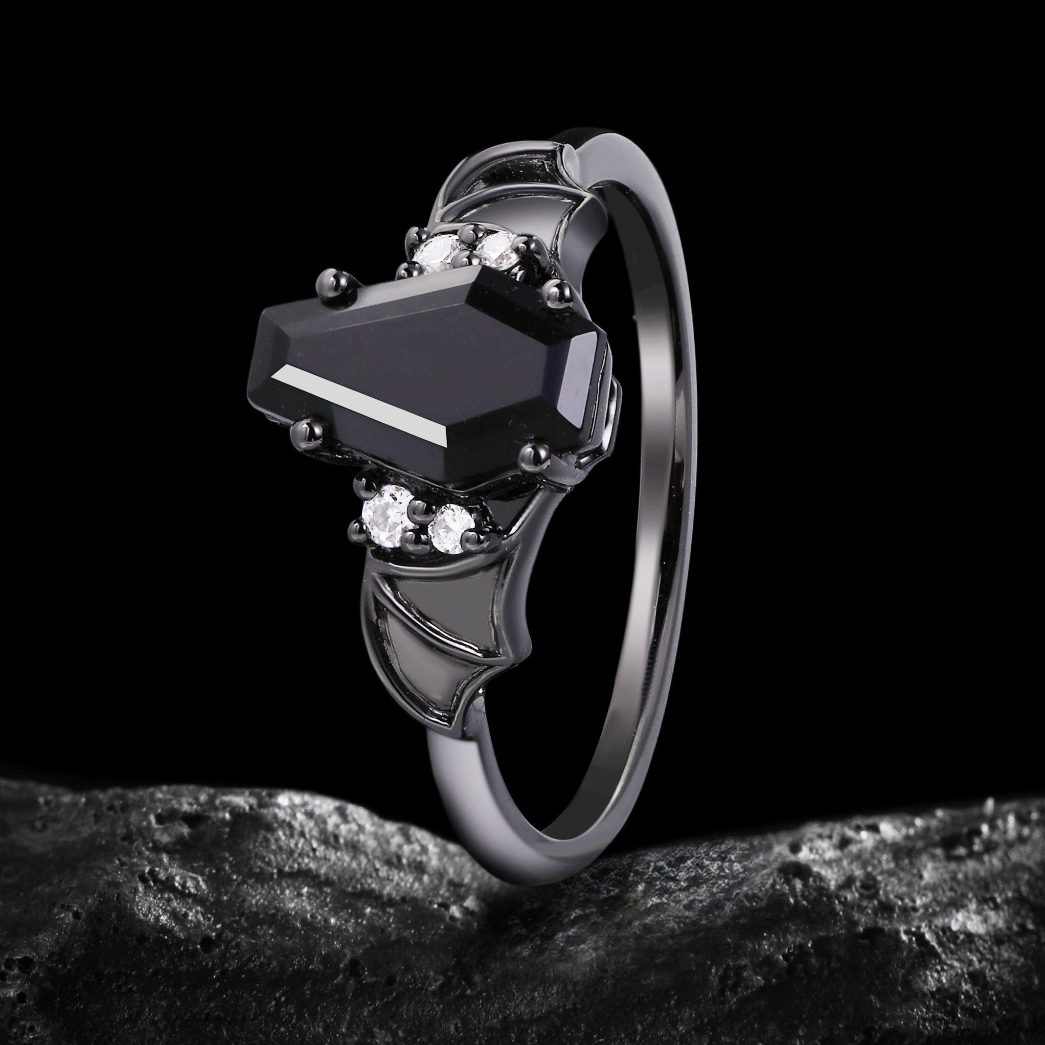Coffin Cut Black Diamond Bat Wings Gothic Ring