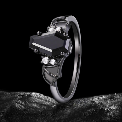 Coffin Cut Black Diamond Bat Wings Gothic Ring