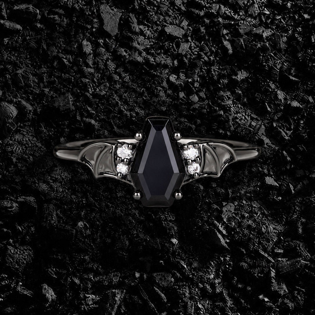 Coffin Cut Black Diamond Bat Wings Gothic Ring