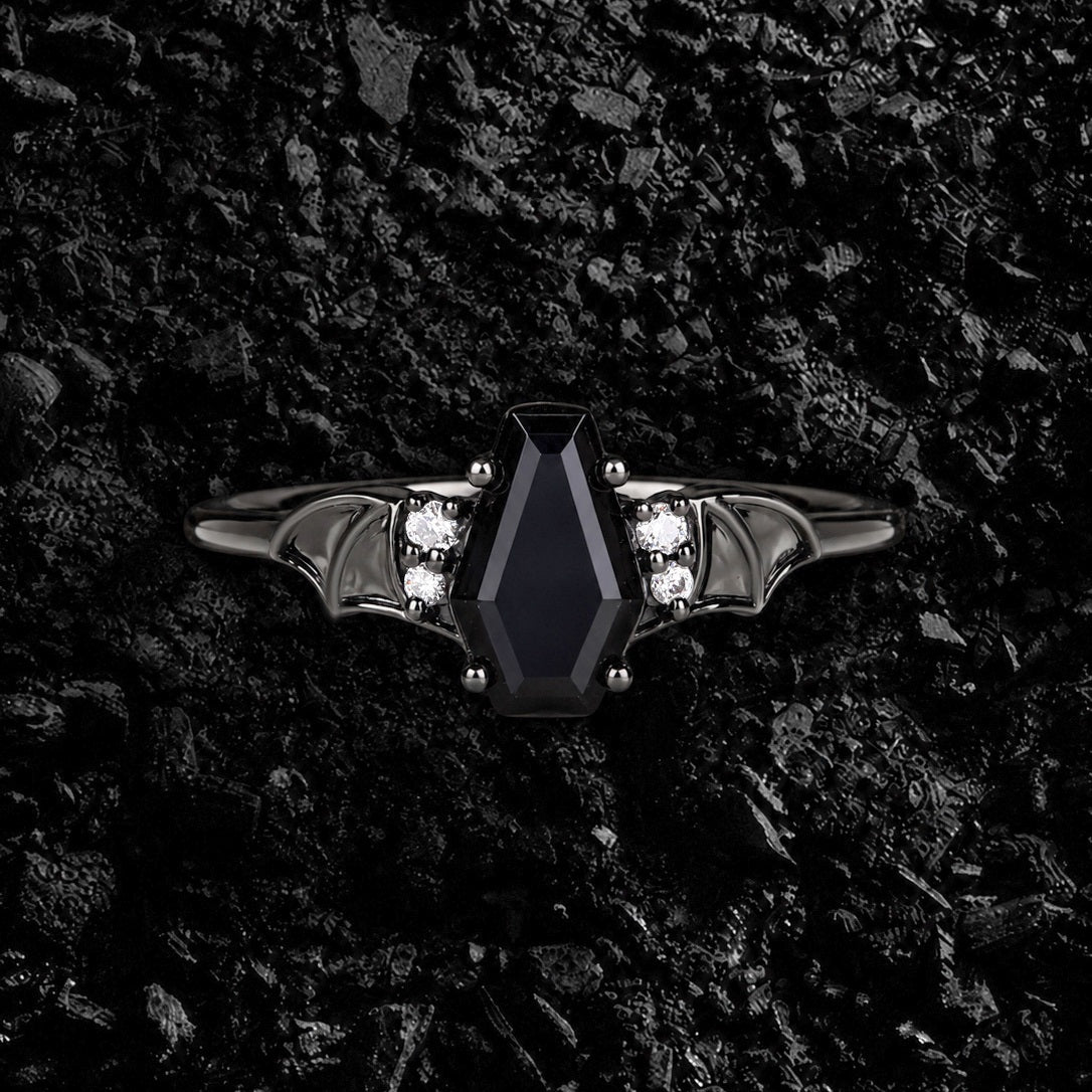 Coffin Cut Black Diamond Bat Wings Gothic Ring