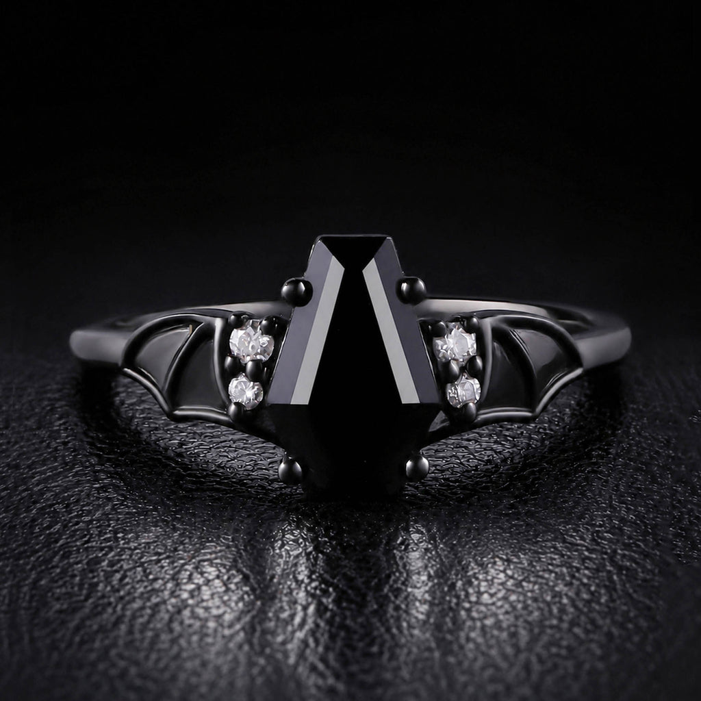 Coffin Cut Black Diamond Bat Wings Gothic Ring