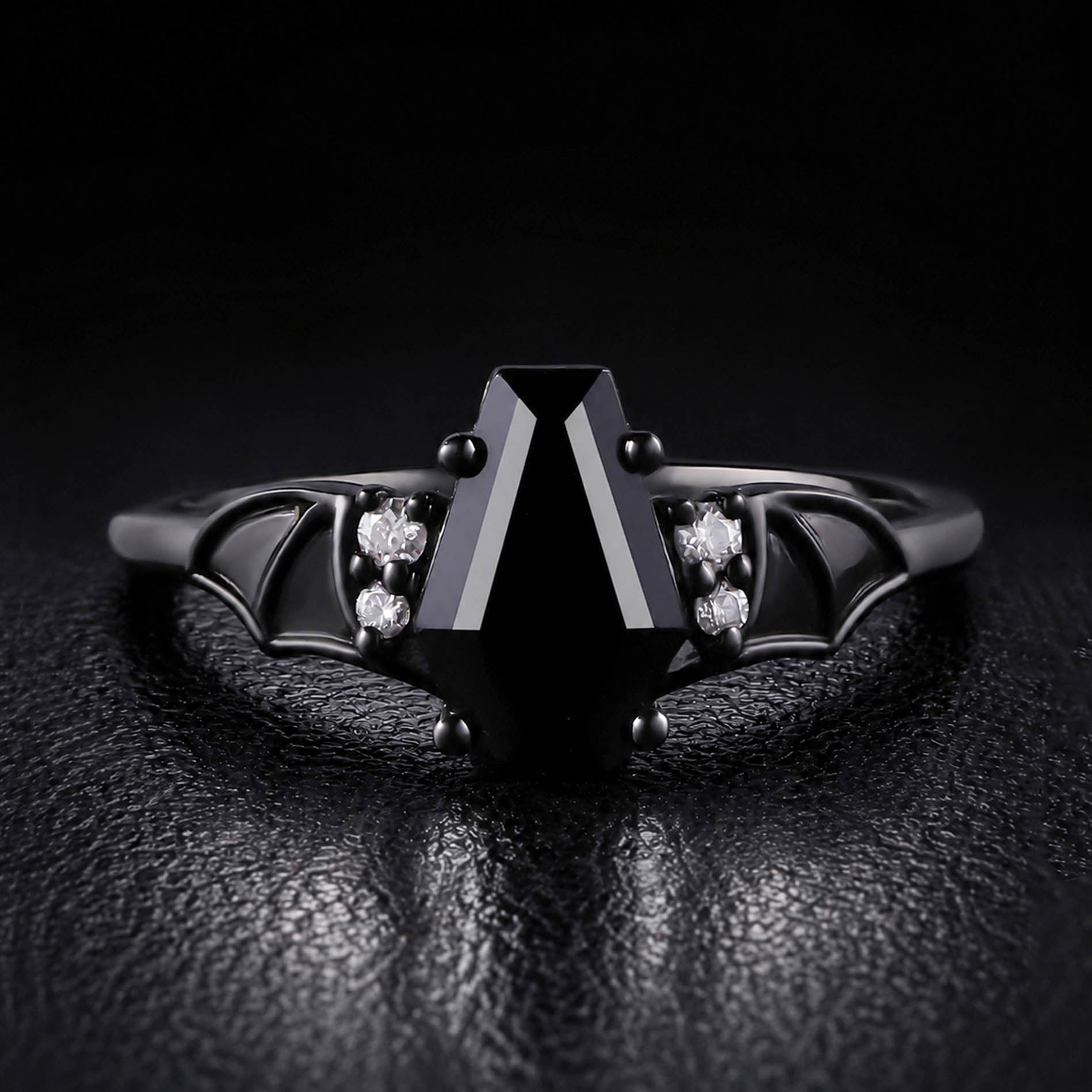 Coffin Cut Black Diamond Bat Wings Gothic Ring