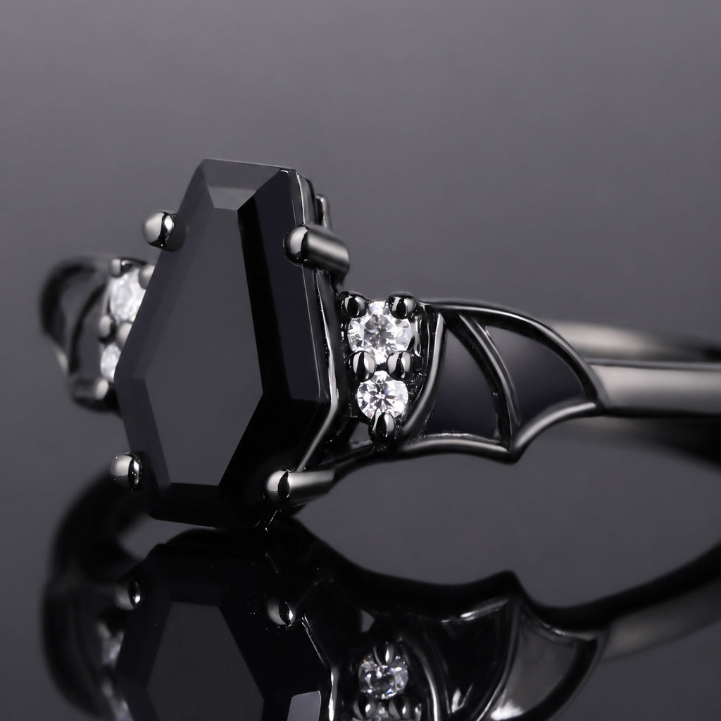 Coffin Cut Black Diamond Bat Wings Gothic Ring