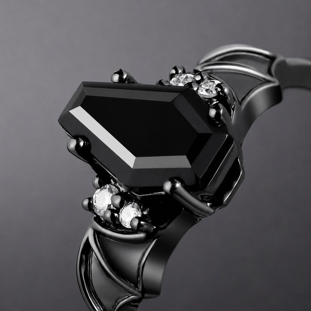 Coffin Cut Black Diamond Bat Wings Gothic Ring