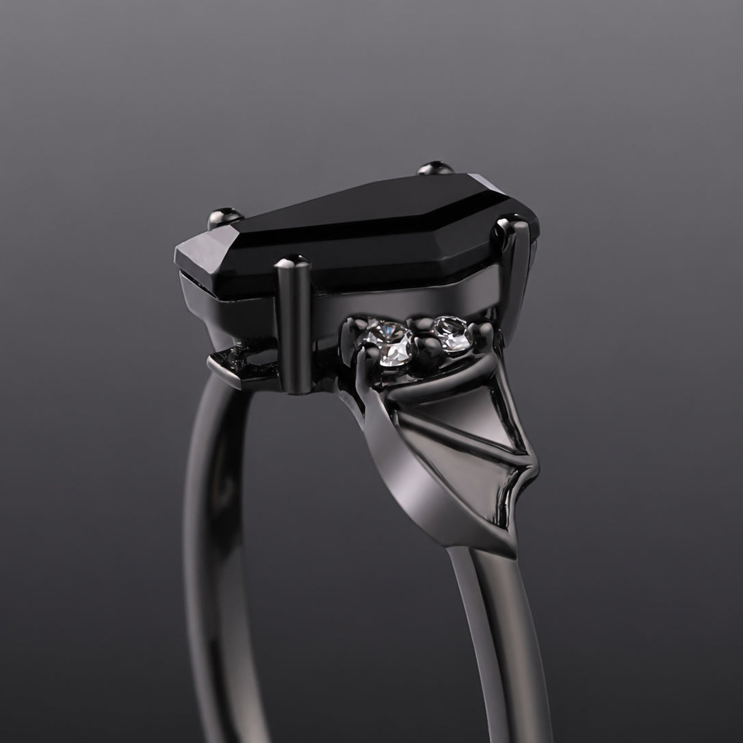 Coffin Cut Black Diamond Bat Wings Gothic Ring