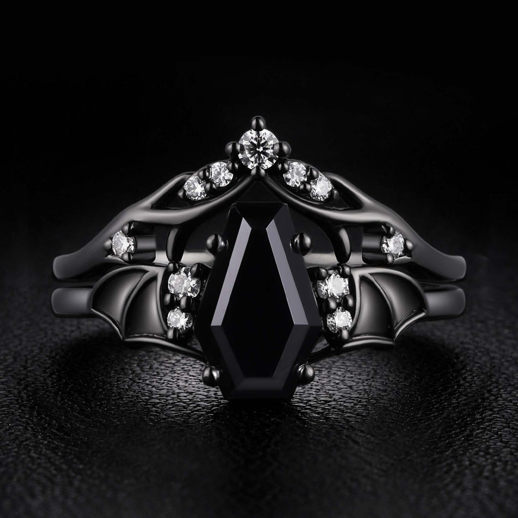 Coffin Cut Black Diamond Shadow Wing Gothic Ring Set