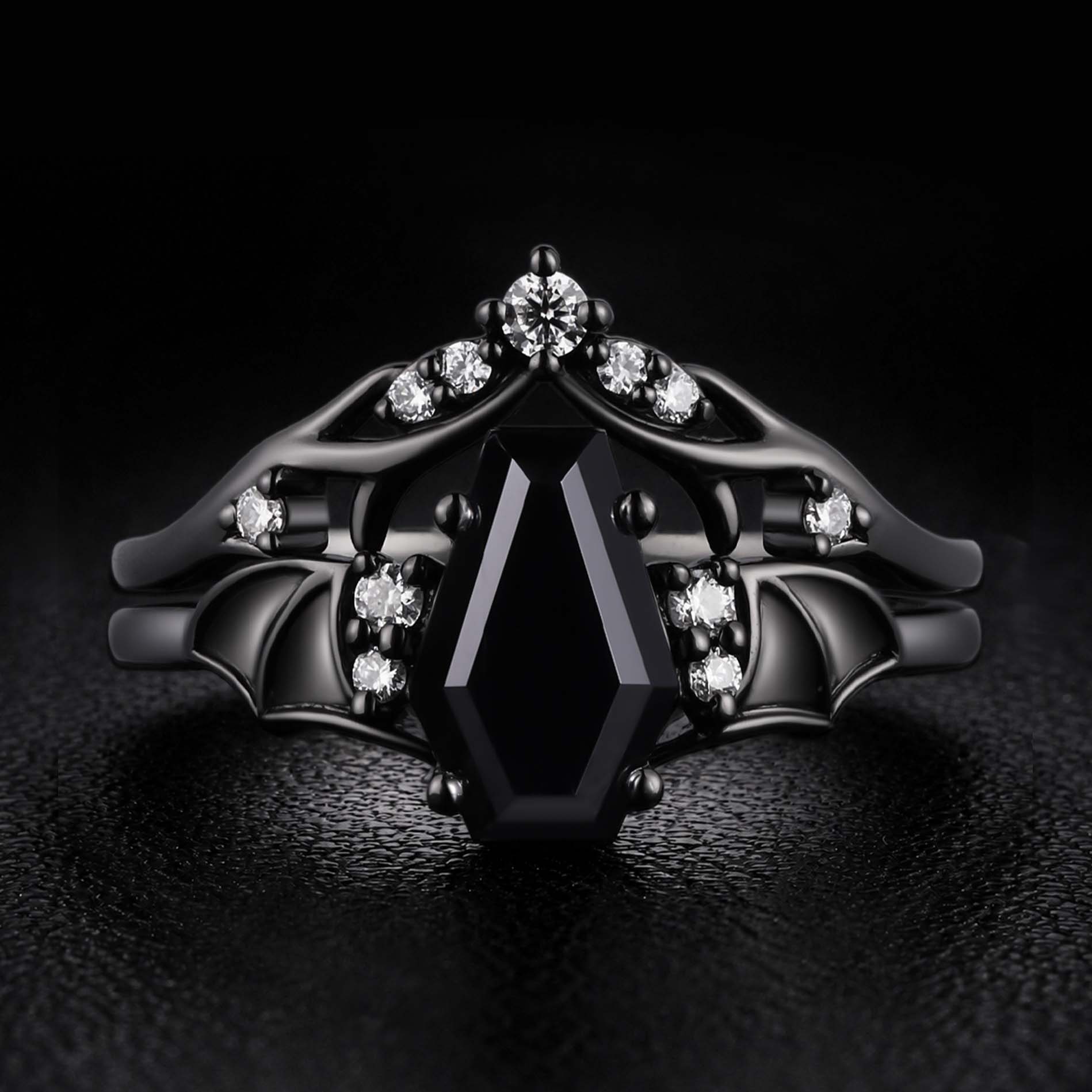 Coffin Cut Black Diamond Shadow Wing Gothic Ring Set