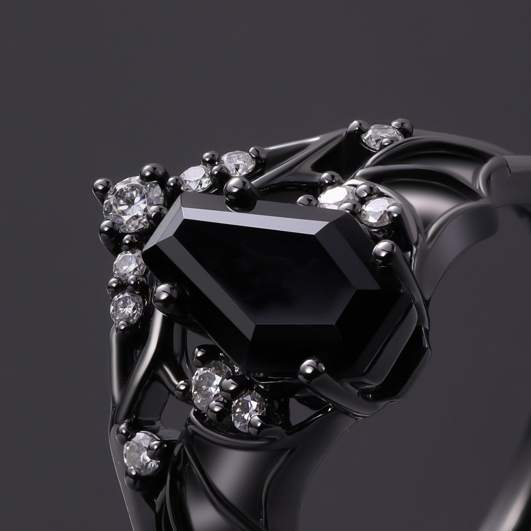 Coffin Cut Black Diamond Shadow Wing Gothic Ring Set