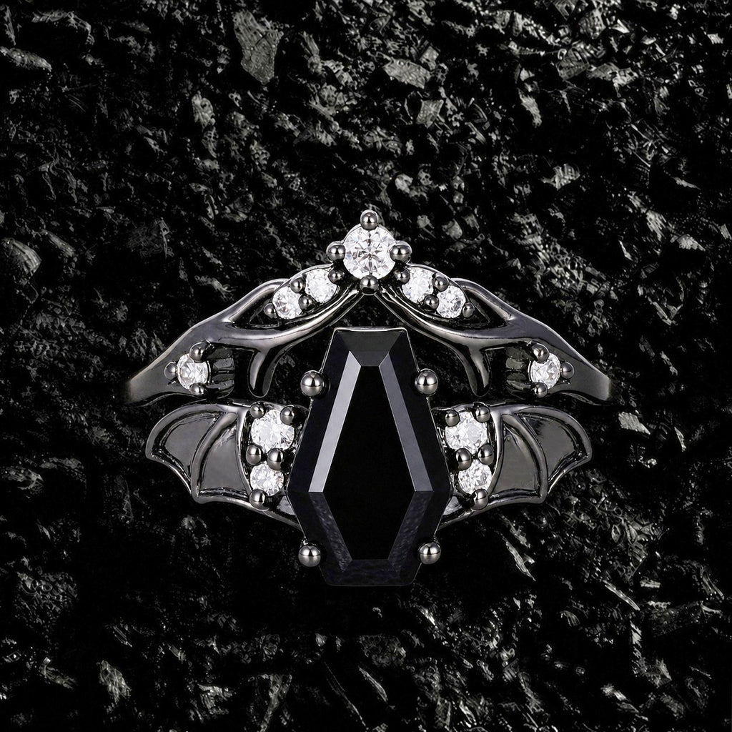 Coffin Cut Black Diamond Shadow Wing Gothic Ring Set