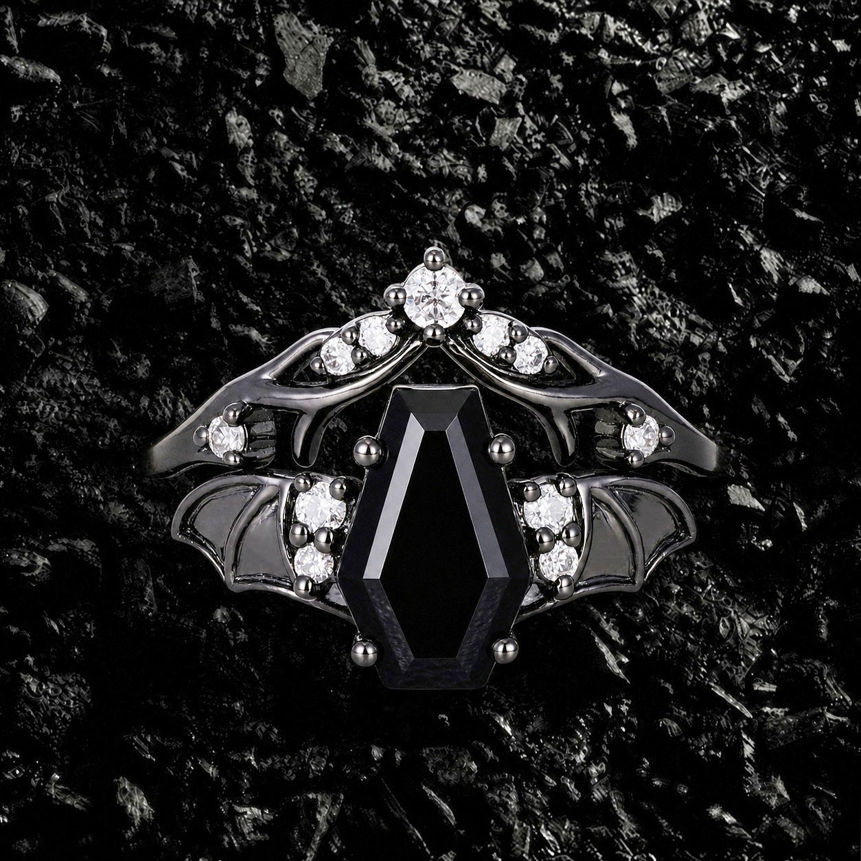 Coffin Cut Black Diamond Shadow Wing Gothic Ring Set