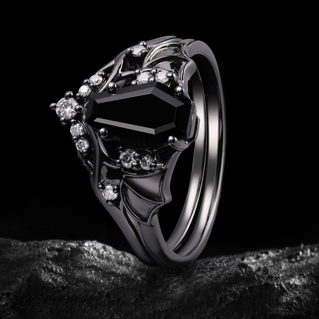 Coffin Cut Black Diamond Shadow Wing Gothic Ring Set