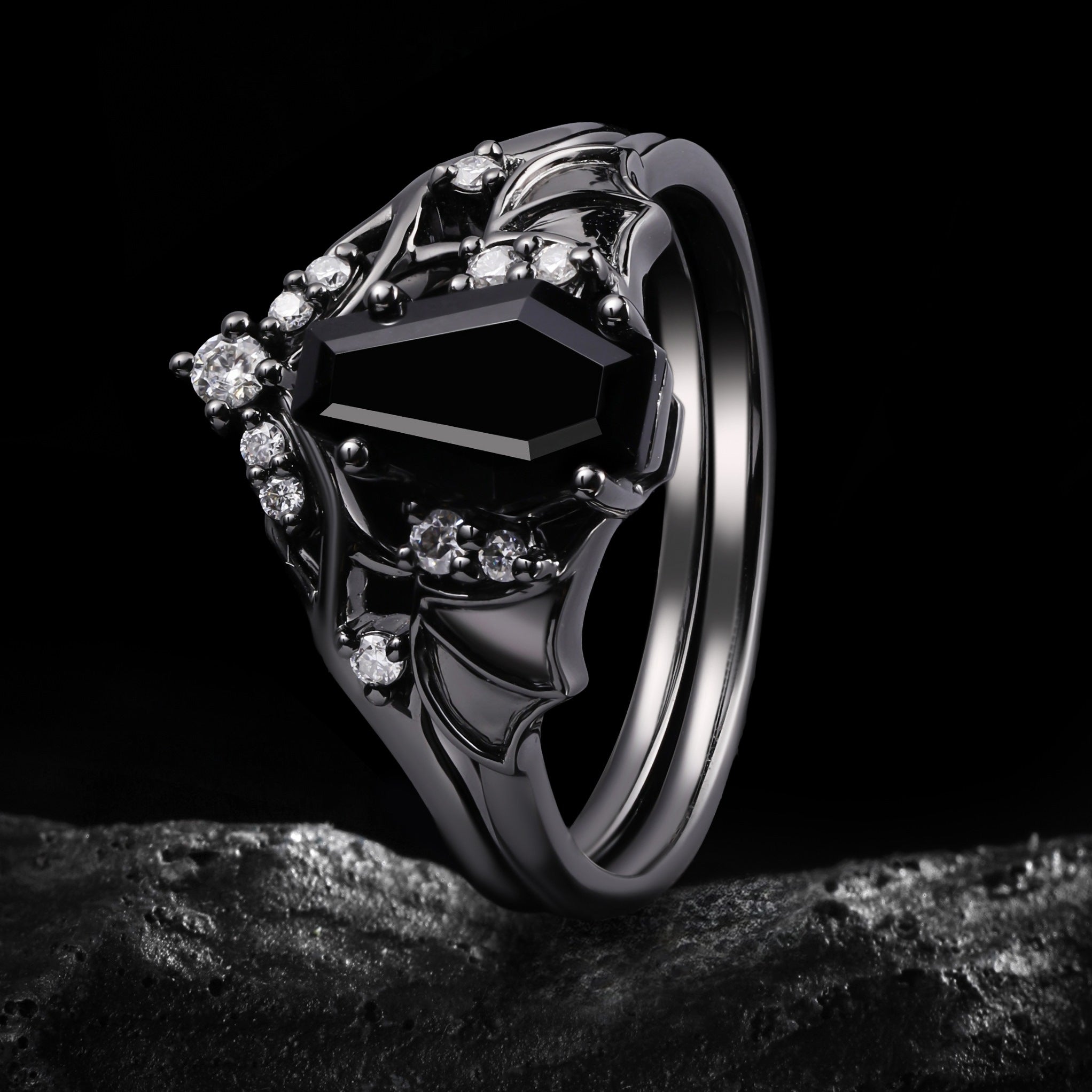 Coffin Cut Black Diamond Shadow Wing Gothic Ring Set