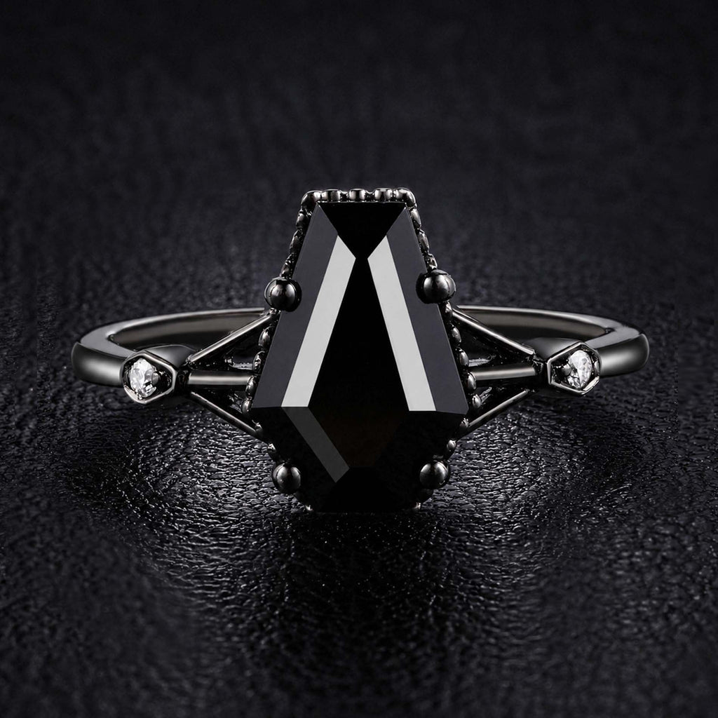 Coffin Cut Black Diamond Split Shank Milgrain Vintage Gothic Ring