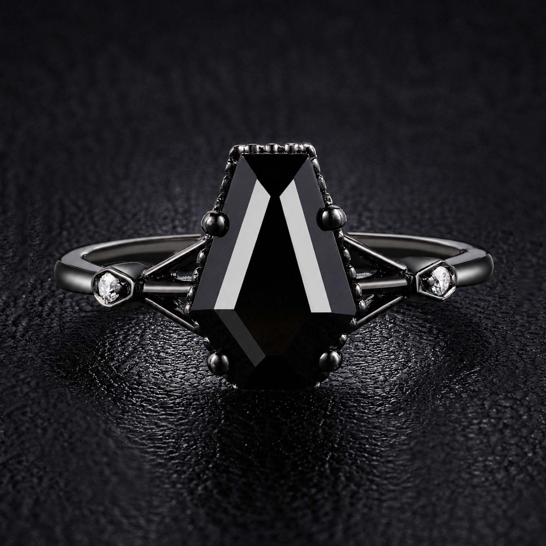 Coffin Cut Black Diamond Split Shank Milgrain Vintage Gothic Ring