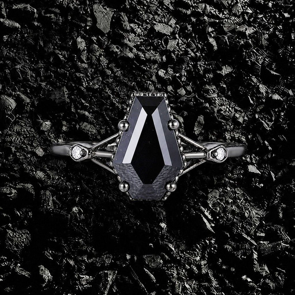 Coffin Cut Black Diamond Split Shank Milgrain Vintage Gothic Ring