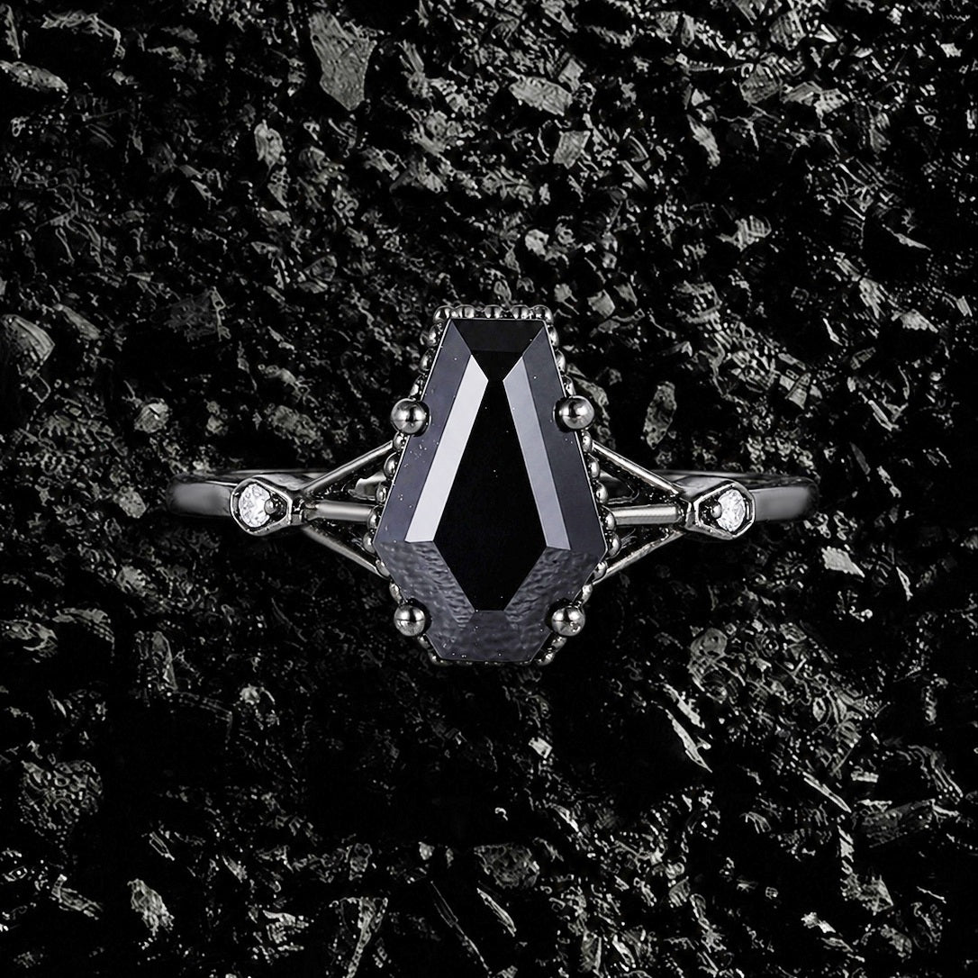 Coffin Cut Black Diamond Split Shank Milgrain Vintage Gothic Ring
