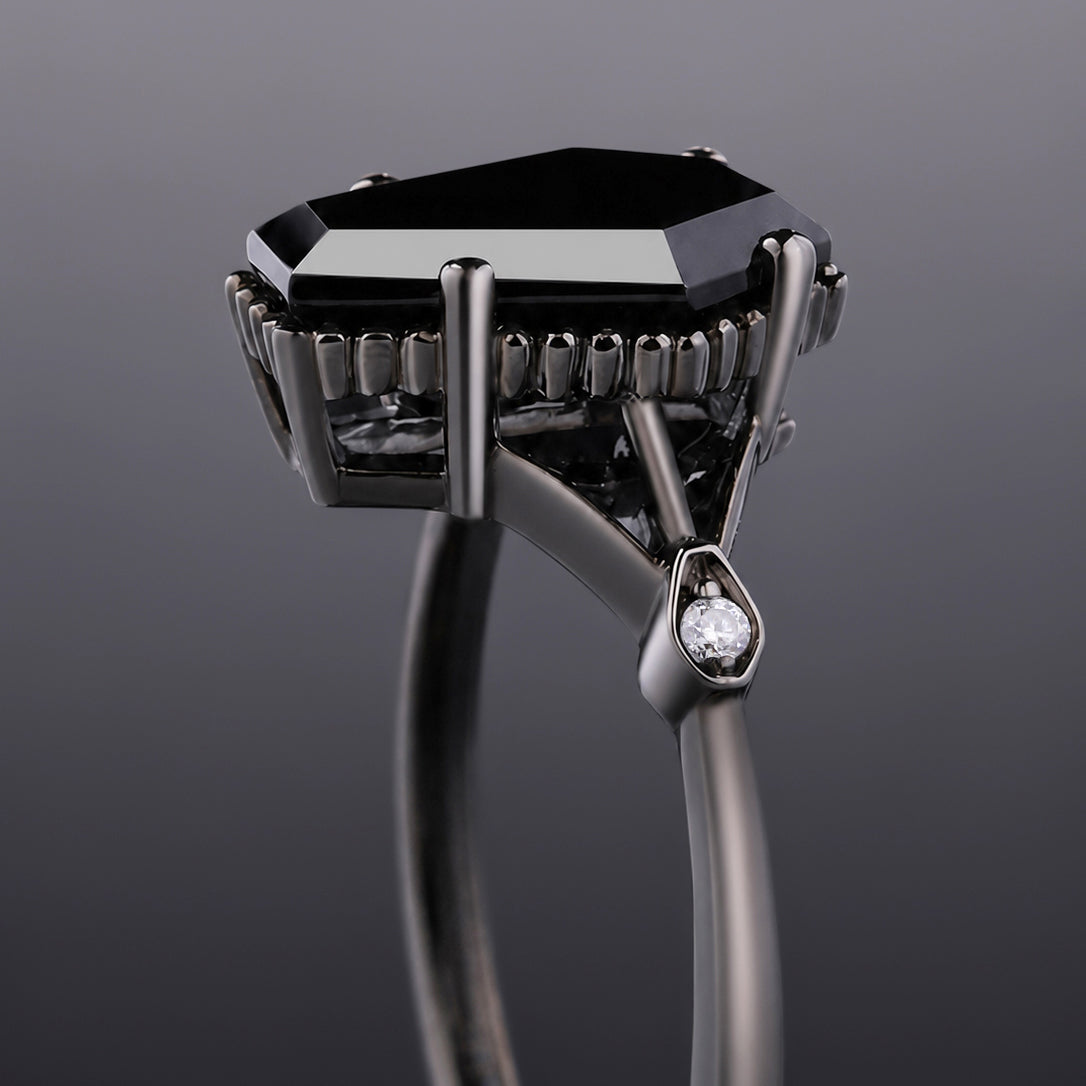 Coffin Cut Black Diamond Split Shank Milgrain Vintage Gothic Ring