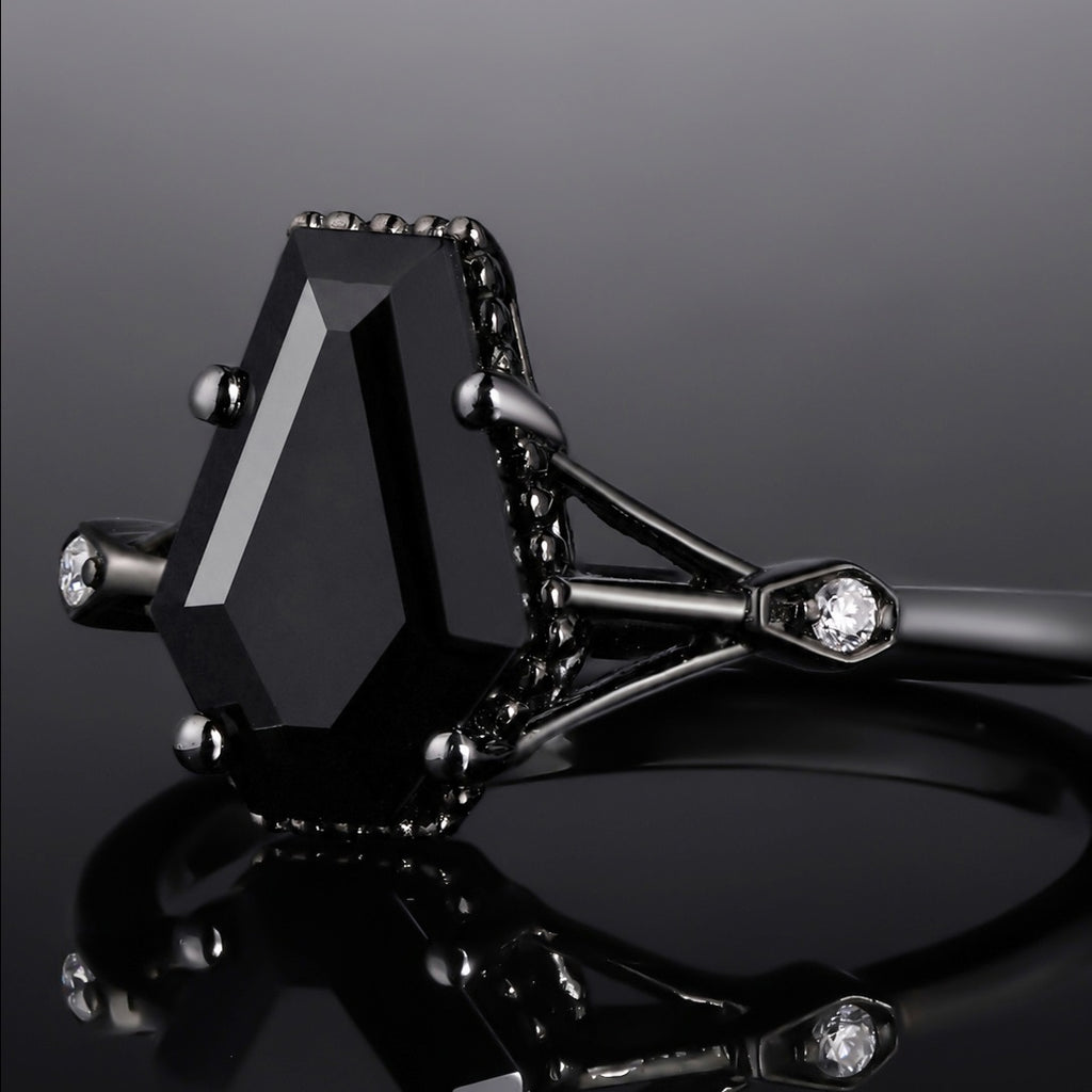 Coffin Cut Black Diamond Split Shank Milgrain Vintage Gothic Ring