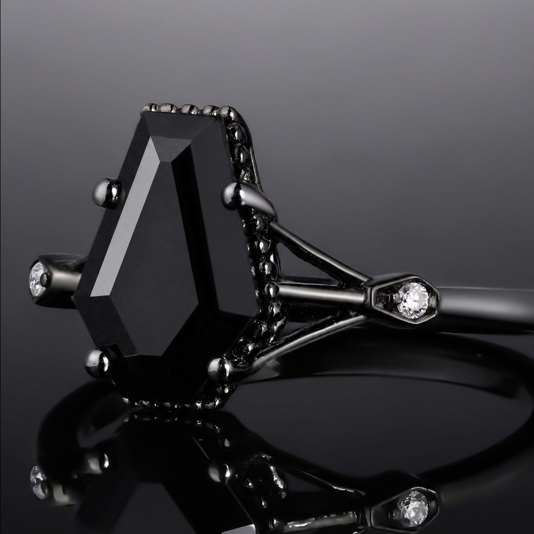 Coffin Cut Black Diamond Split Shank Milgrain Vintage Gothic Ring